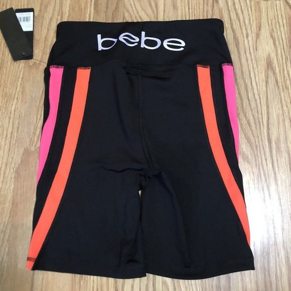 Bebe Sports Black biker shorts Logo Back Pink orange Stripes Size Medium M - Picture 4 of 7